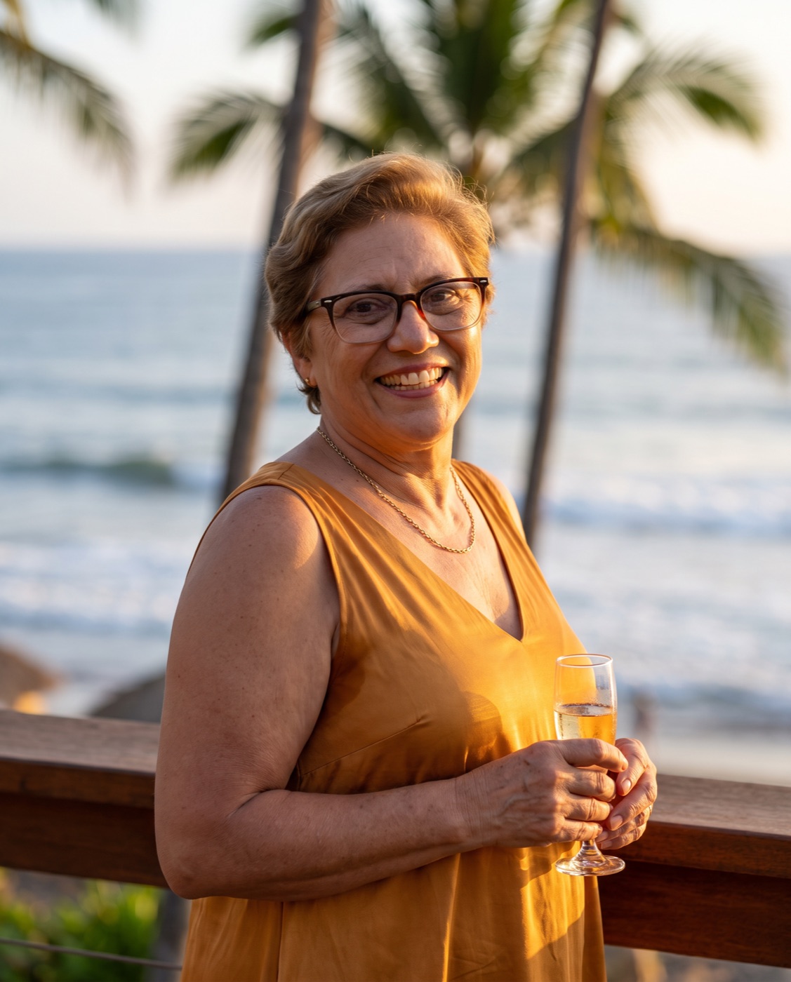 Mami brindando frente al mar