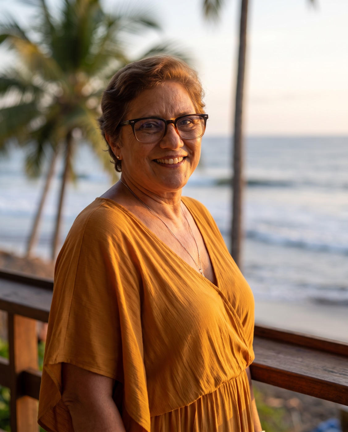 Mami en la terraza frente a la playa